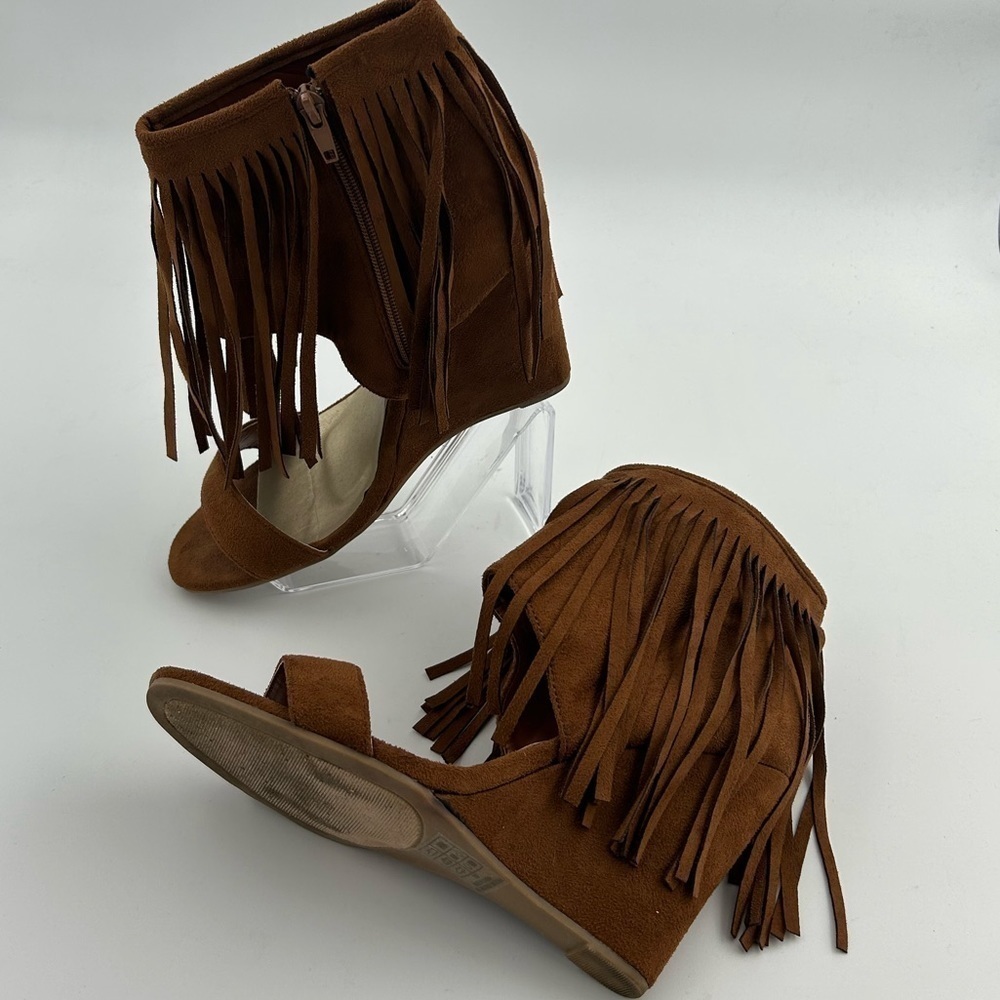 Adriana Brown Fringe Open Toe Wedges - Picture 2 of 6